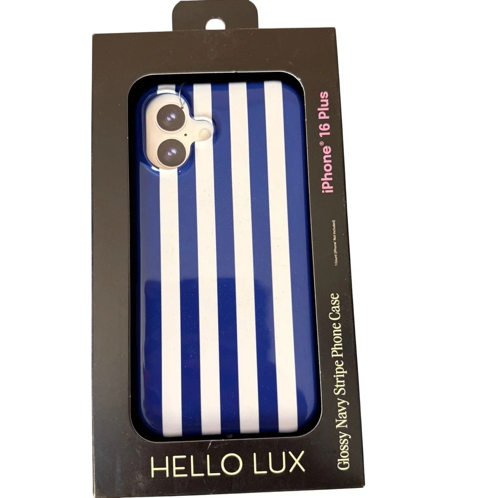 Hello Lux iPhone 16 Plus Case Glossy Navy Stripe MagSafe Dual Layer Protection